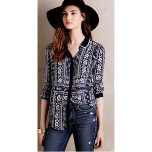 Maeve Anthropologie Navy Floral Polka Dot Peter Pan Collar Button Down Blouse 4